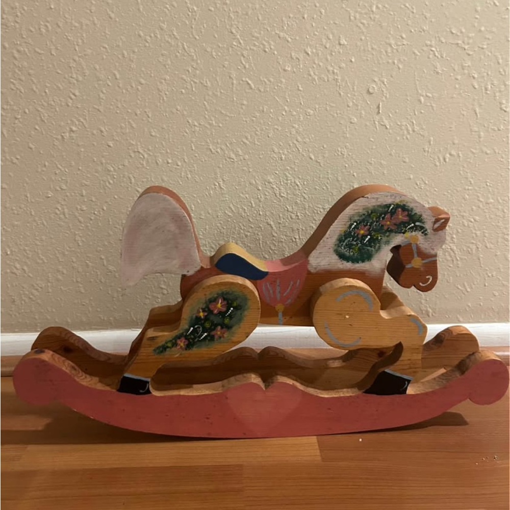 Hand-Painted Pink Wooden Rocking Horse Décor